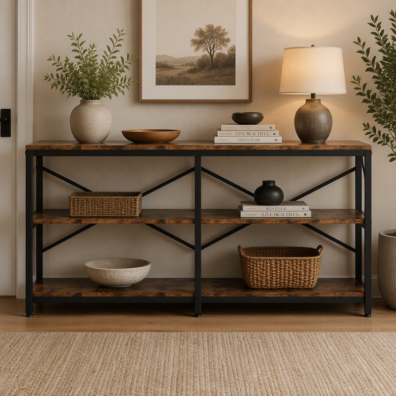 Console à 3 niveaux, canapé de vestibule de 70,9 po de long avec tablettes de rangement, Brun