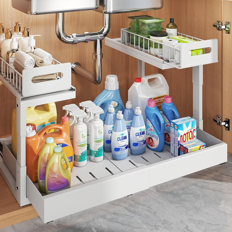 Expandable 2-Tier Under Sink Organizer, Height-Adjustable Metal Pull-Out Cabinet Rack with Ball-Bearing Sliding Tracks, Retractable Storage Drawer for Kitchen, Bathroom & Laundry