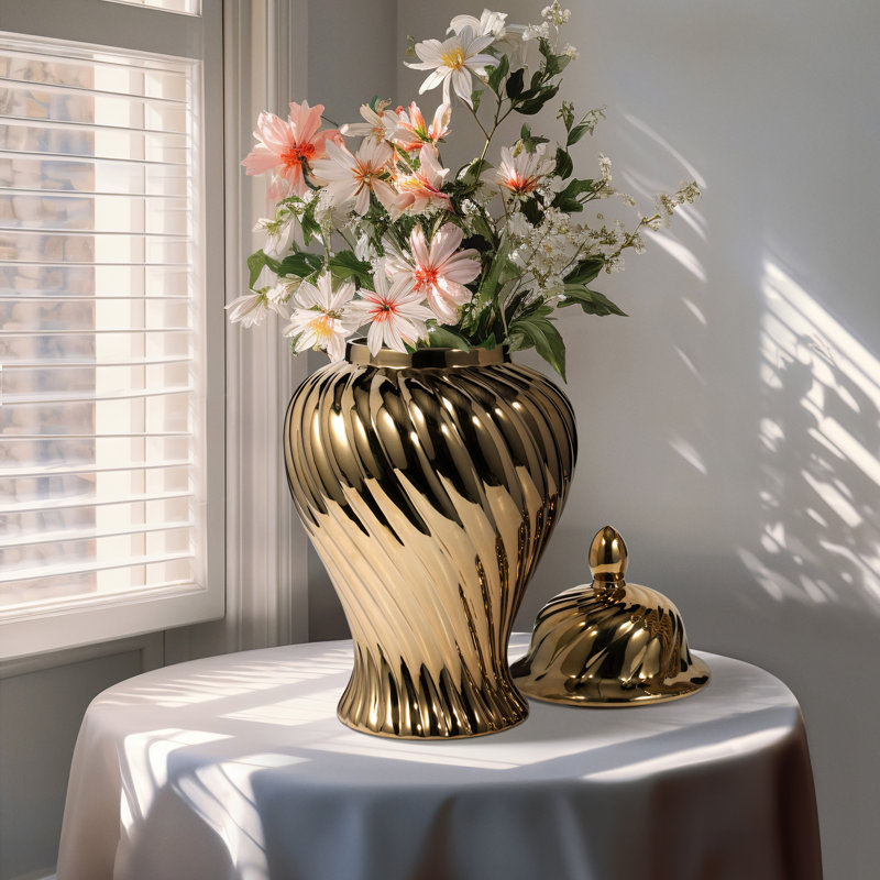 Decorative Ribbed Tall Ceramic Jar with Lid for Home Decor - Sculptural Swirled Table Jar Accent for Entryway Consoles and Tabletop Styling - 20", Gold