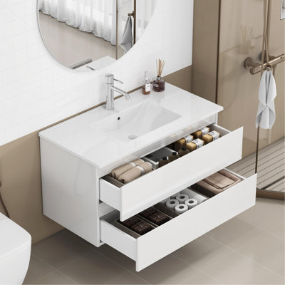 Ensemble de meuble-lavabo 36 po avec lavabo, armoire avec 2 grands tiroirs, système de fermeture en douceur, 2 grands tiroirs, conception sans poignée, assemblage facile, blanc brillant