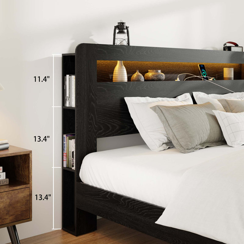 Structure de lit plateforme en bois avec tête de lit à DEL avec rangement et 2 ports USB, Queen, Black