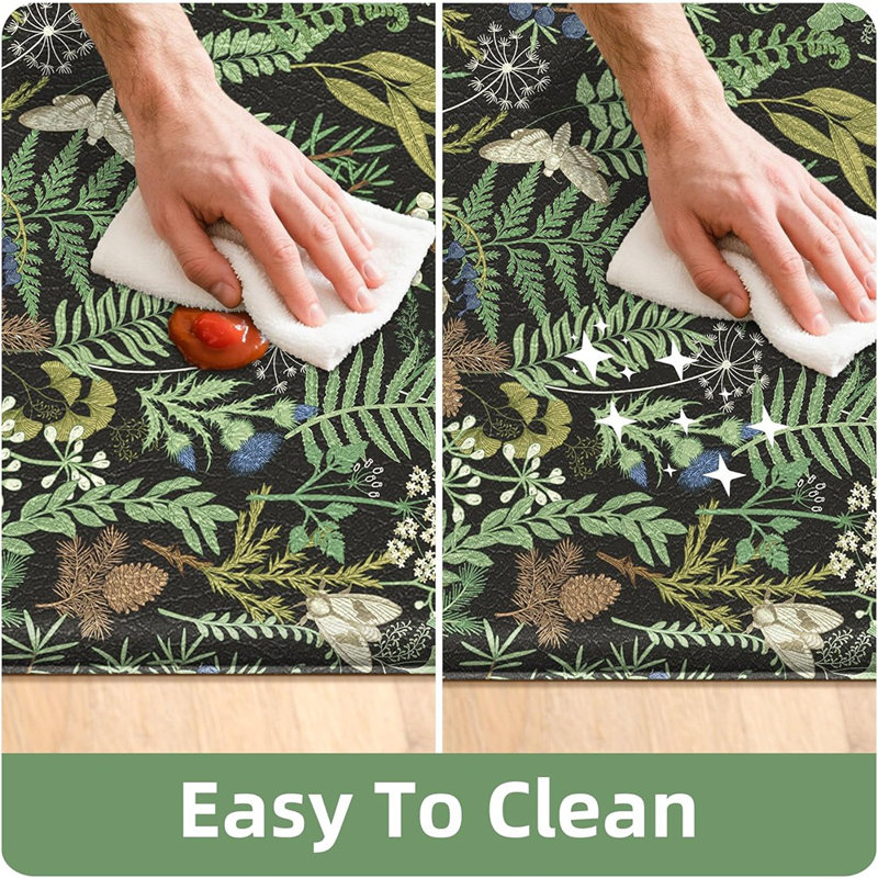 Ensemble de tapis de cuisine Botanical - noir et vert - 2 pièces, conception de feuille de plante, anti-fatigue coussinée, PVC imperméable, confort debout, utilisation dans la cuisine / le bureau / la lessive / l'évier