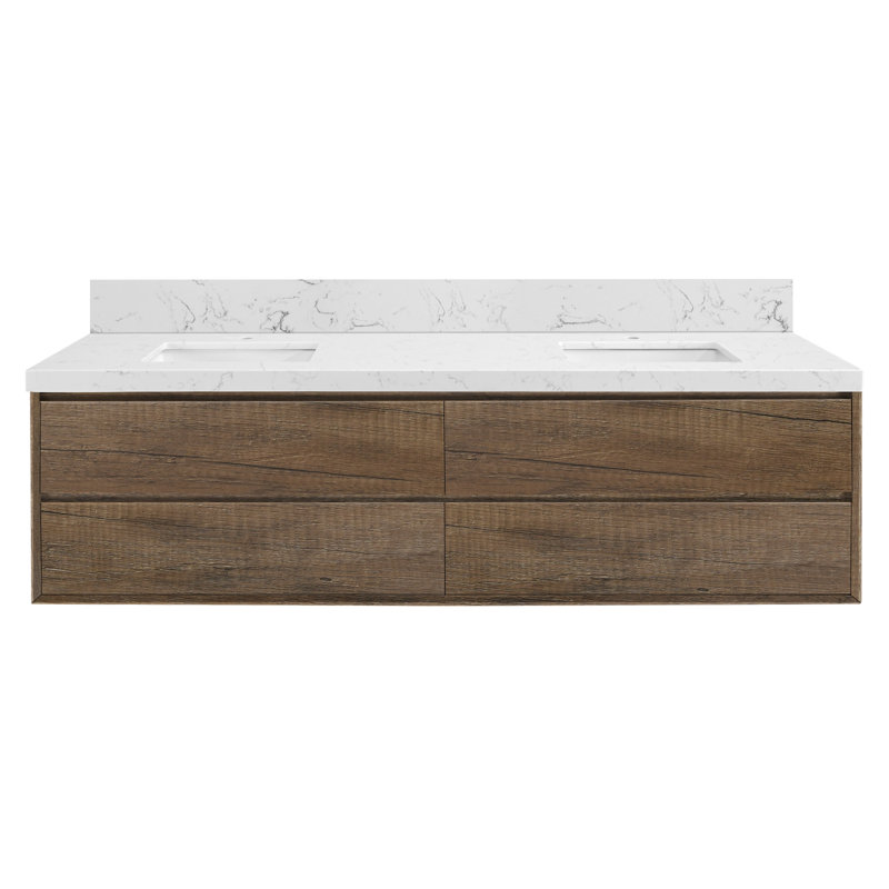 Meuble-lavabo mural 84 po avec lavabo en pierre et tiroirs 84 po, Oak, 84", Double