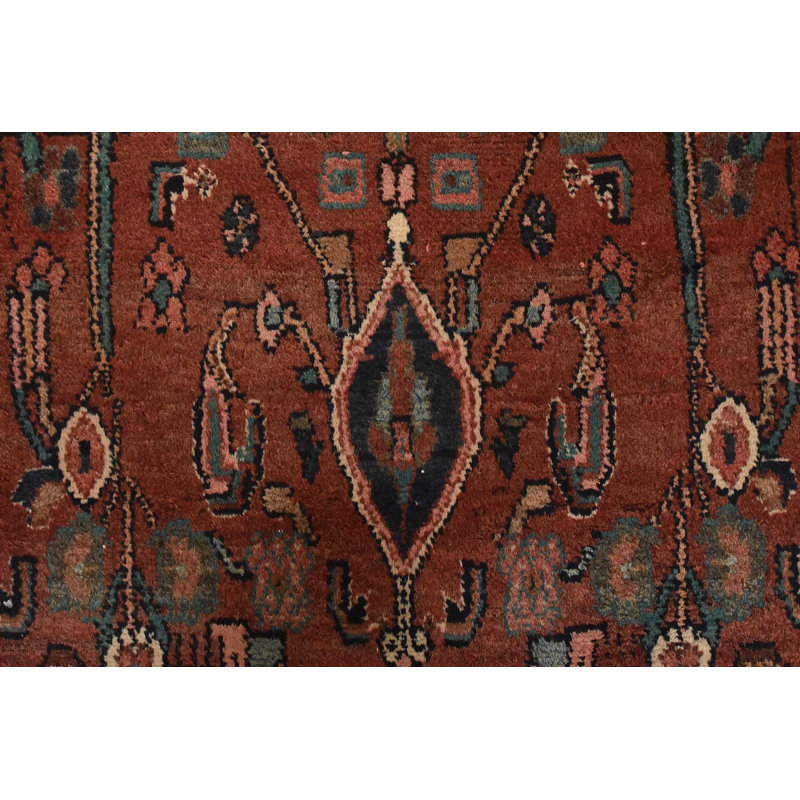 Tapis rouge rétro en laine noué à la main 4 pi 1 po x 10 pi 4 po Tribal Vintage