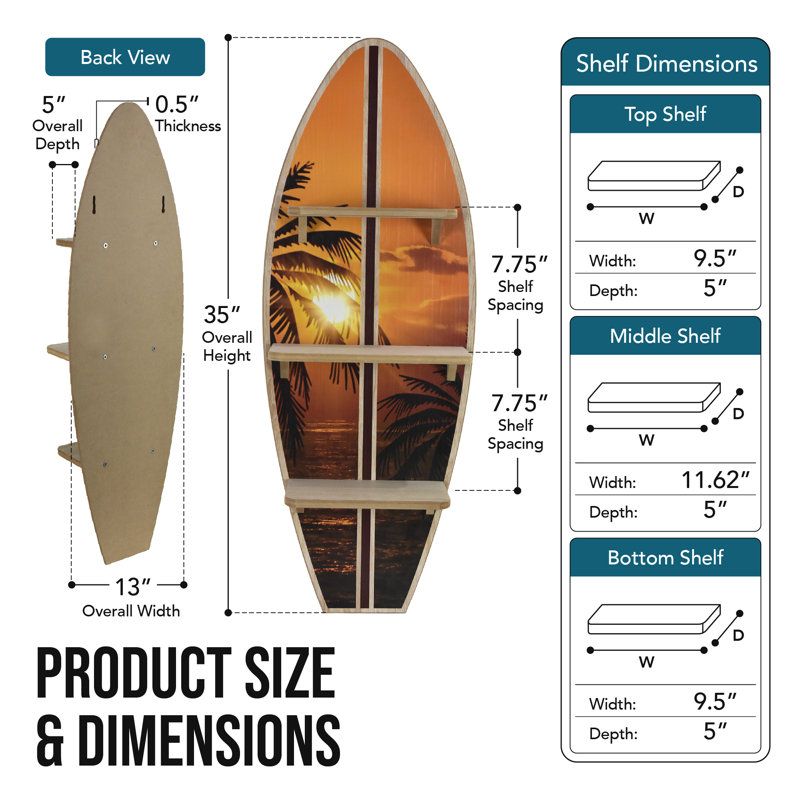 Étagère murale en bois à 3 niveaux, motif de planche de surf coucher de soleil hawaïen (33 x 89 cm), décoration murale tropicale avec palmiers et coucher de soleil sur l'océan. Parfait pour la chambre, le salon, le bureau, l'entrée ou la salle de méditation.