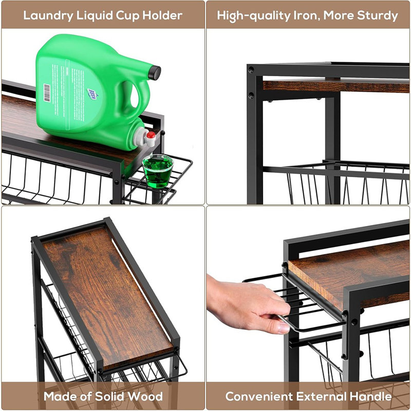 4 Tier Slim Rolling Storage Cart With Pull-Out Baskets, Narrow S...