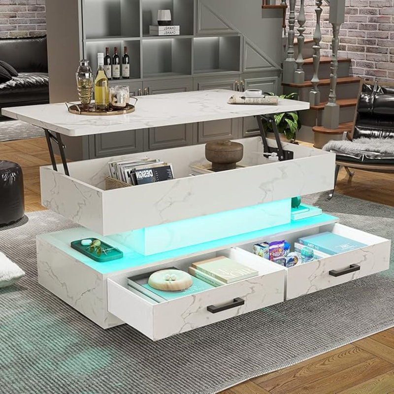 Table basse pliante à trois niveaux avec tiroirs pour le salon, Blanc
