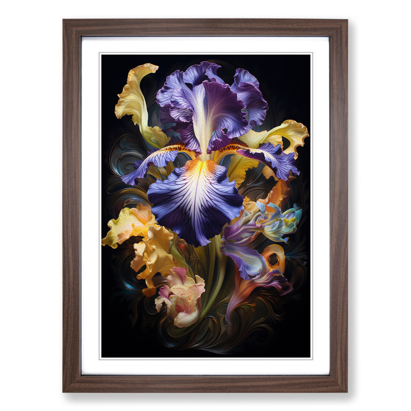 Iris Flower Baroque No.2 - Single Picture Frame Print on Wood, Walnut Framed, 34cm H x 25cm W x 2cm D