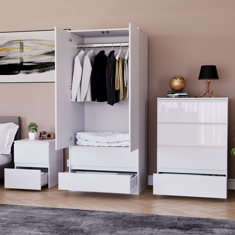 Oslo 3 Piece Bedroom Set (2 Drawer Bedside Chest, 4 Drawer Chest, 2 Door 2 Drawer Wardrobe), (100% FSC), White