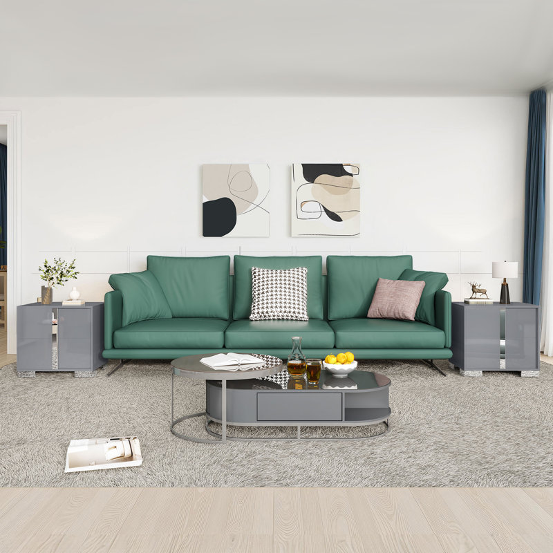 Table de chevet moderne lustrée 23,6 po avec poignée à tirer électrolytique Mercidieu, gris, ensemble de 2, Gris