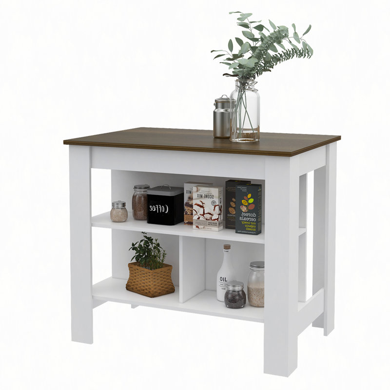 Kitchen Island, Four Legs, Three Shelves, White/Brown