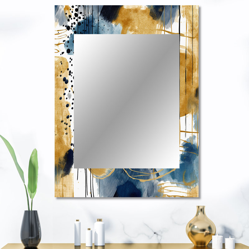 Kiesel Abstract Pattern With Blue & Golden Textures V - Abstract Collages Decorative Wall Mirror, Blue Mirror, Printed Metal Art