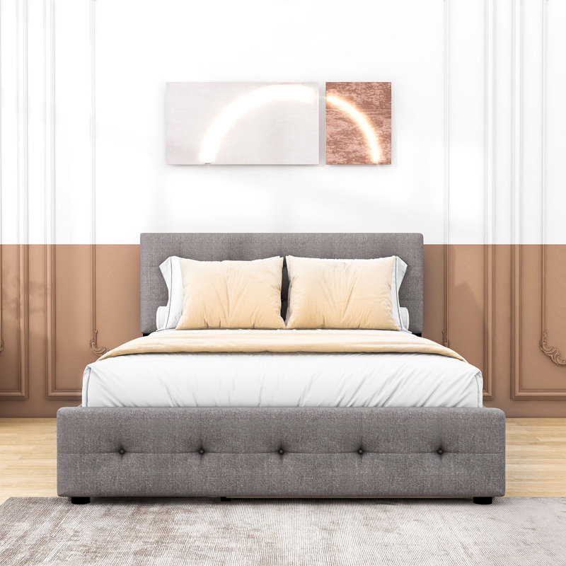 Filicity Queen Size Upholstered Platform Bed with 2 Drawers and Twin XL Trundle, Light Gray