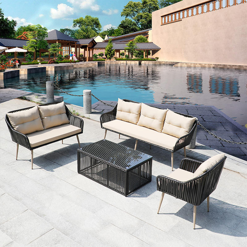 Outdoor Patio Rattan Sofa Waterproof Shade 6 - Person Patio Conversation Set with Cushions, Brown