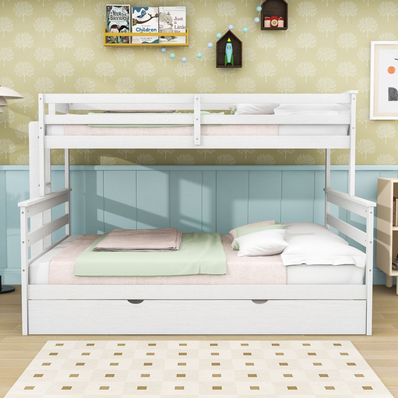 Twin XL over Queen Wooden Bunk Bed with Trundle and Guardrails, White