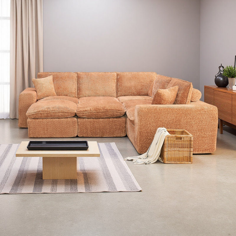Canapé modulaire en forme de L de 107 po avec deux repose-pieds amovibles en forme de L et canapé-lit confortable, Orange