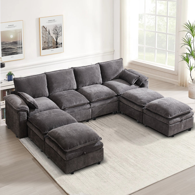 8 Seat Chenille U Shaped Modular Sectional Sofa With Storage, Gray