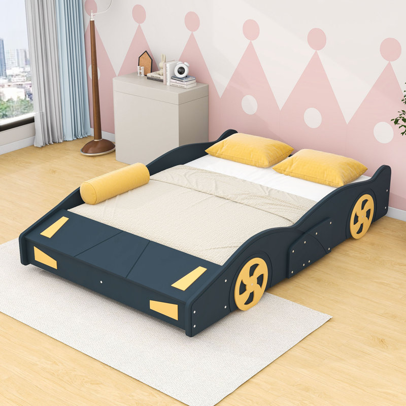 Lit plateforme double avec rangement, garde-corps et pieds centraux, conception en forme de voiture de course
