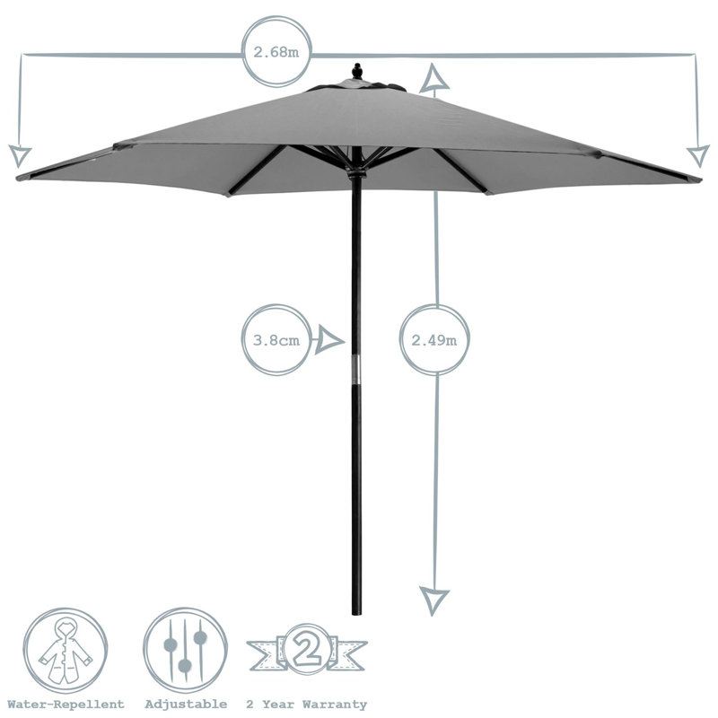 Wooden Garden Parasol & Base - 2.7m, Grey, Black