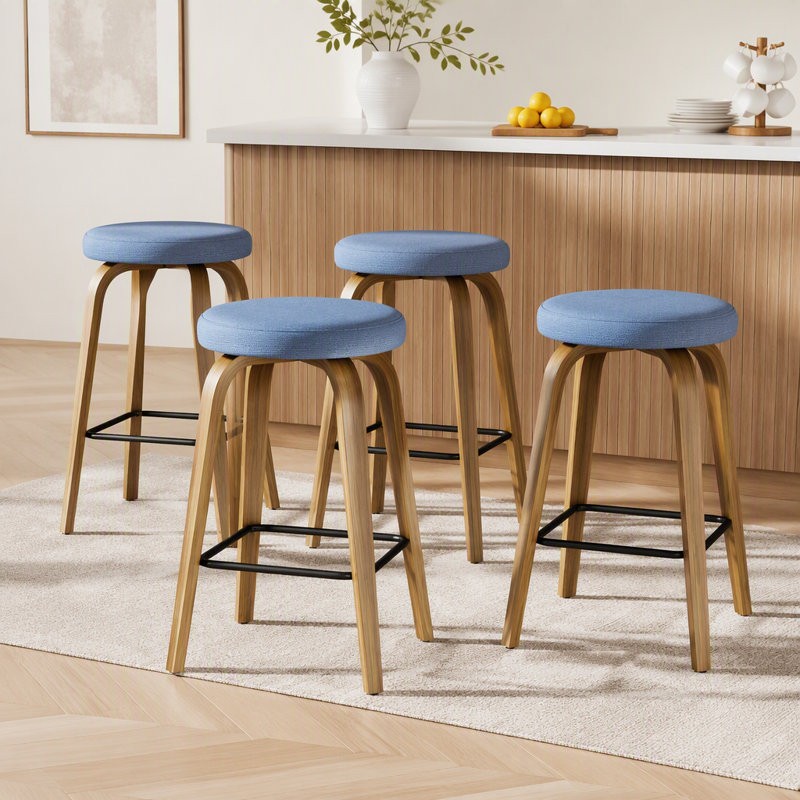 Swivel Bar Stools Set Of 2, Counter Height Backless 26″ Bar Stools, Fabric Upholstered Seat, Sturdy Wood Legs And Metal Footrest, Mid-Century Modern Island Stools For Home Bars, Restaurants, Blue