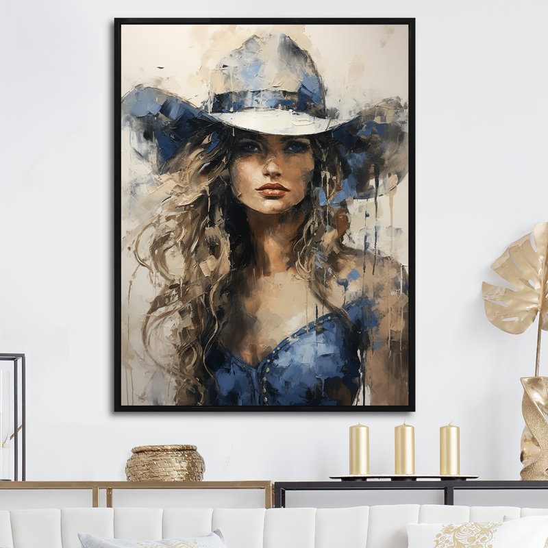 Minimalisme, cow-boy bleu, peinture sur toile, Cadre flottant noir, H 40 po x l 30 po x P 1,5 po