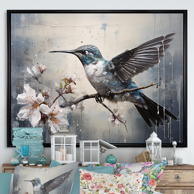Colibri harmonie florale II sur toile, Cadre flottant noir, H 30 po x l 40 po