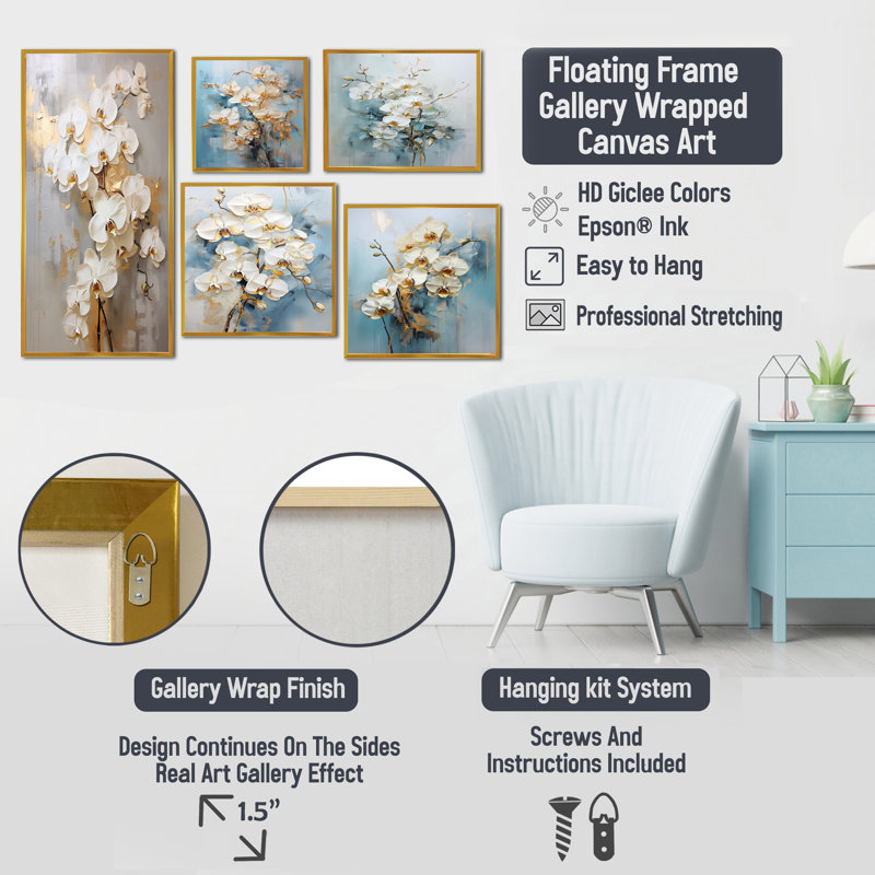Minimalisme beige et orchidées dorées IV - ensemble de 5 décorations murales orchidées, Cadre flottant doré