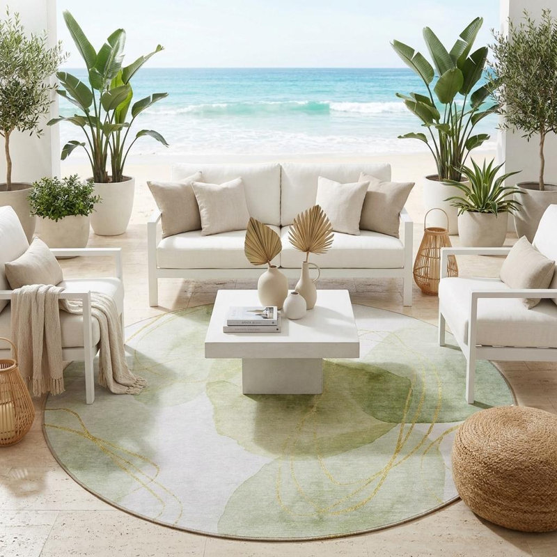 Tapis intérieur rond lavable abstrait vert et ivoire HomeRoots 8 pi