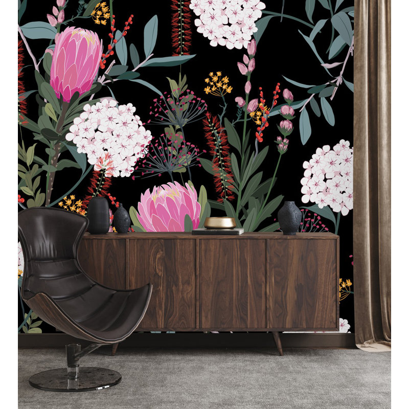 Papier peint foncé avec fleurs roses, L 8,33 pi x l 100 po