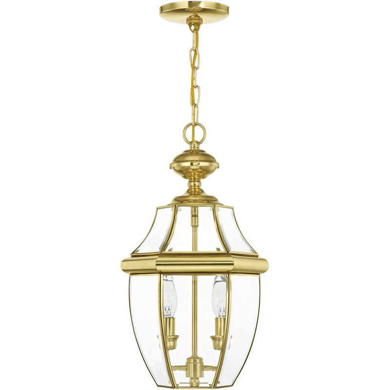 2 Light Outdoor Chain Lantern Pendant with Clear Glass Shade, Brass