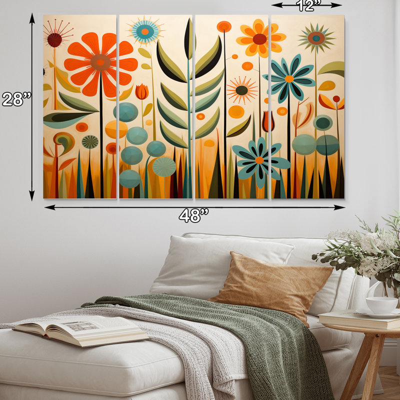 «Red Mid Century Mod Nature», reproduction de toile tendue 4 pièces