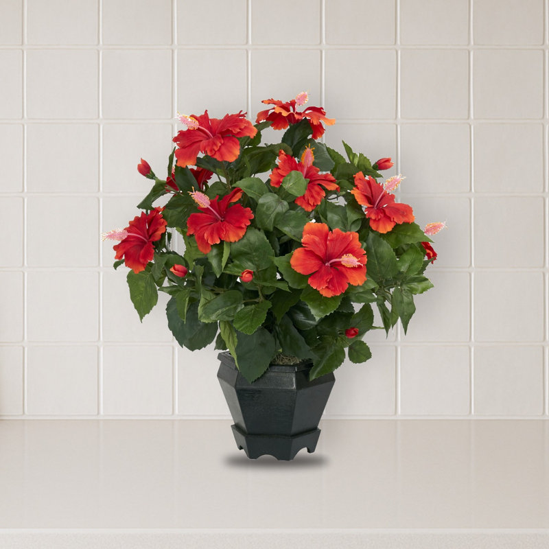 Hibiscus with Black Hexagon Vase Silk Plant