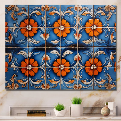Floral Boho Blue And Orange Tile Mosaic 3 - Boho Mosaic Wall Art Decor