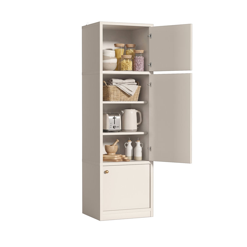 Armoire de rangement haute autoportante de 71 pouces de hauteur avec portes et tablettes, tablettes réglables, tiroir et ensemble anti-basculement, bois de catégorie E1, blanc chaud pour armoire de rangement de salle de bain, petits espaces