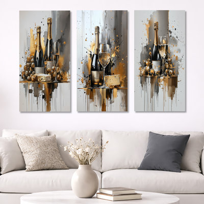 «Wine Cheese Glam Explosion», impression d'art moderne à 3 panneaux sur métal doré