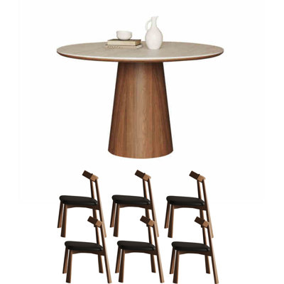 Vintage Round Rock-Slab & Wood Dining Table Set