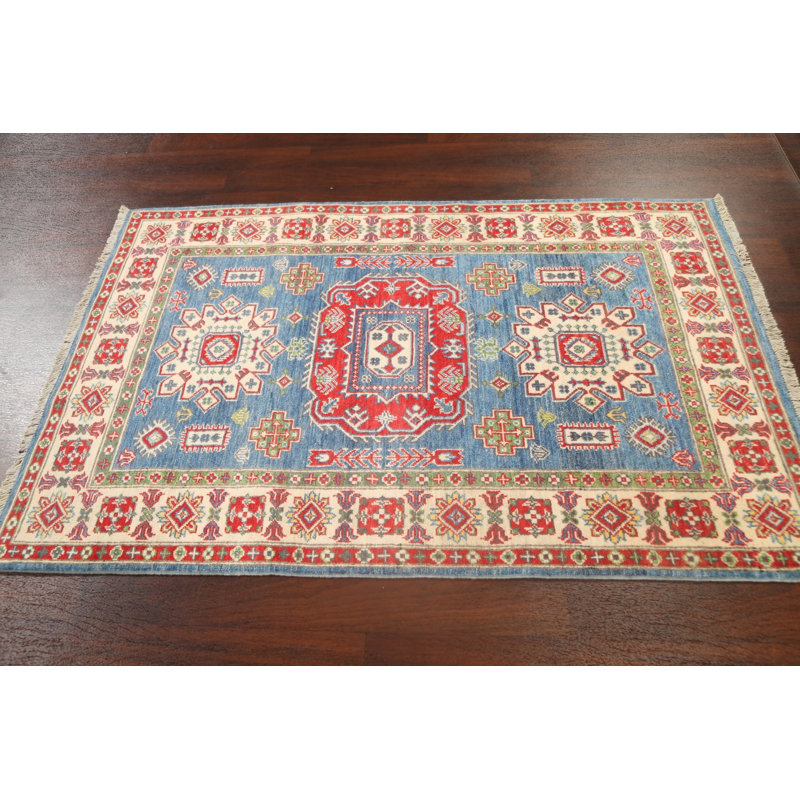 Tapis oriental géométrique Kazak noué à la main 4 x 6
