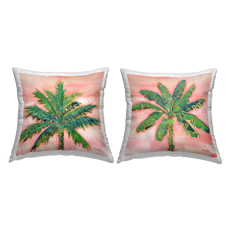 Ensemble de 2 coussins d'extérieur à imprimé tropical de palmiers roses par Paul Brent