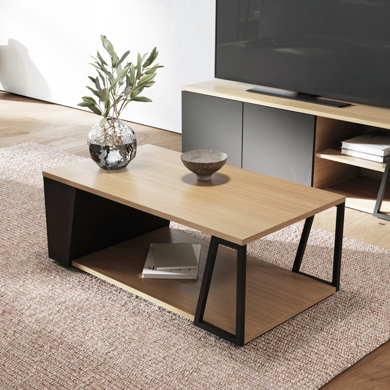 Sharrion Floor Shelf Coffee Table, Light Oak, Black Metal