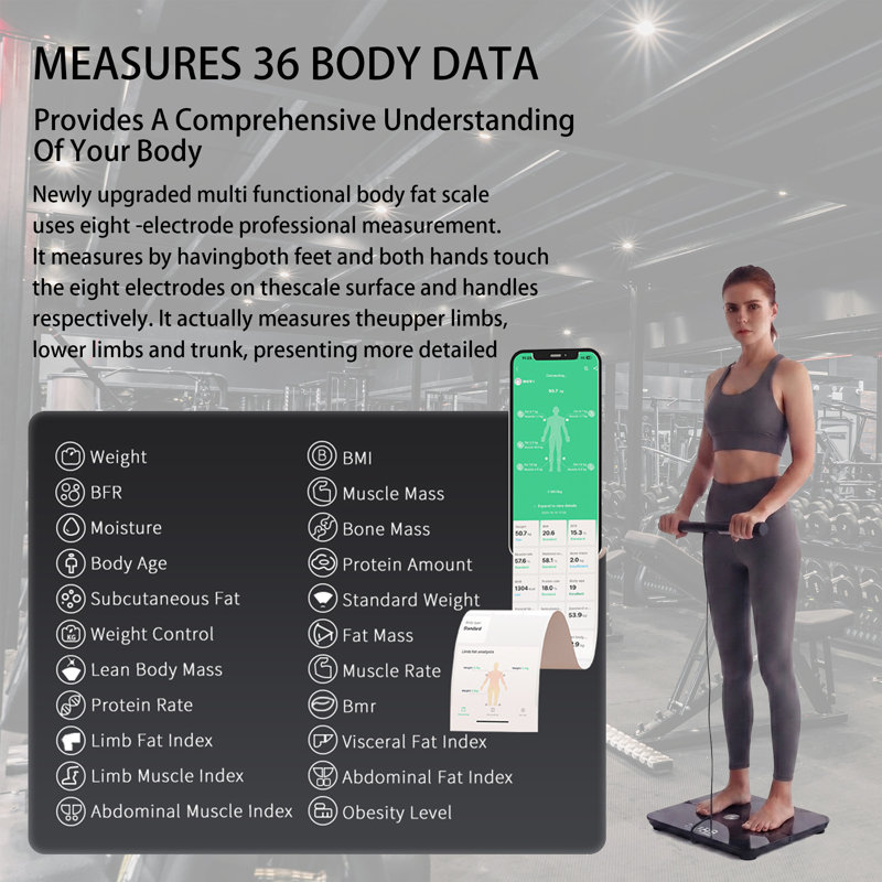 Pèse-personne de salle de bain intelligent à 8 électrodes avec capteur de poche umiucrye, grand écran DEL, Bluetooth App Sync, 36 mesures corporelles, IMC, suivi de la graisse corporelle et des muscles, capacité de 400 lb, noir