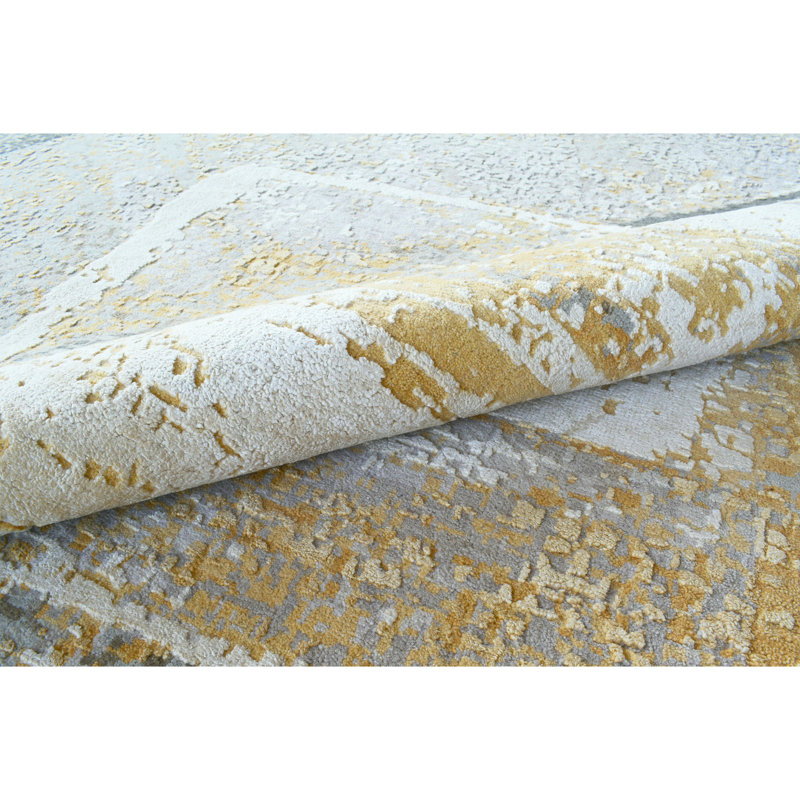 Hand Knotted Abstract Area Rug in Charcoal/Gold/Ivory, Rectangle 8' x 10'