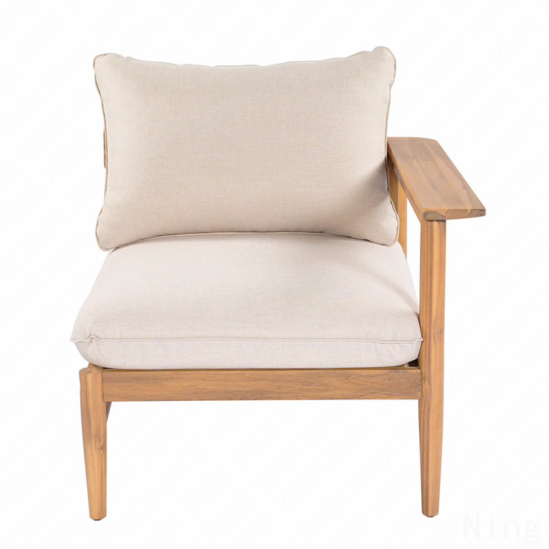 Canapé d'extérieur avec accoudoirs droit en bois d'acacia, finition teck clair avec coussin beige