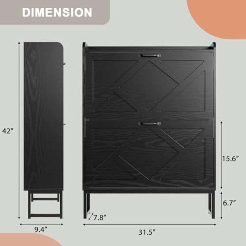 Shoe Storage Cabinet With 2 Flip Drawers, Freestanding Shoe Organizer, Shoe Cabinet With Metal Legs, Farmhouse Slim Shoe Cabinet For Entryway, Foyer, Hallway, Black