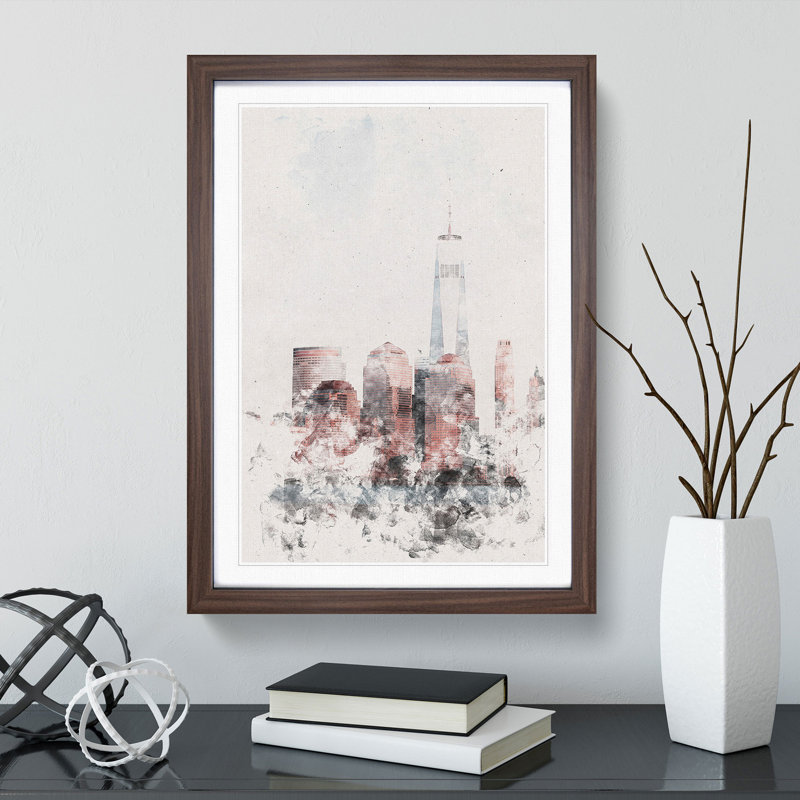 Downtown New York City Skyline Watercolour - Picture Frame Graphic Art, 33cm H x 24cm W x 2cm D, Walnut Framed