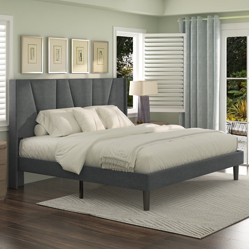 Mccreight Low Profile Platform Bed with Winged Headboard, No Box Spring Needed, Dark Gray, King