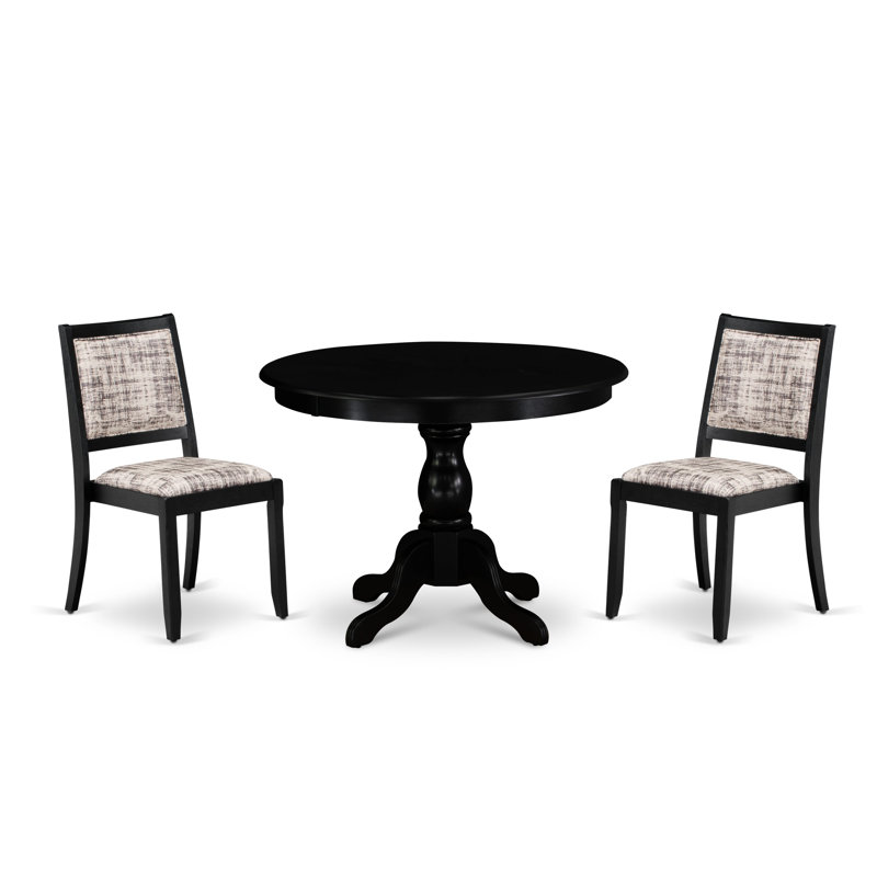 L'ensemble de salle à manger 3 pièces comprend une table de cuisine ronde avec plateau de table noir brossé et 2 chaises empilables en tissu de polyester, noir brossé