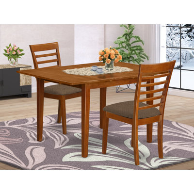 3 Piece Dining Room Table Set Contains a Rectangle Kitchen Table with Butterfly Leaf and 2 Linen Fabric Upholstered Chairs, 36x54 Inch, Saddle Brown