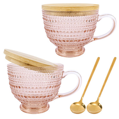 Vintage Latte Mugs, 16Oz Large Glass Embossed Coffee Mug Latte Tea Cup With Bamboo Lid And Spoons, Insulated Tea Cups Iced Water Ribbed Glasses, Set Of 2, (Pink)