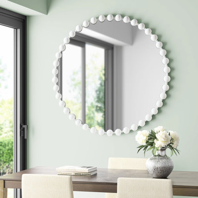 Miroir mural rond perlé 36 po - Cadre en fer élégant en blanc perlé à finition fine perle avec miroir en verre troué pour installation en salle de gym