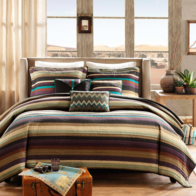 Twin/Twin Xl Reversible Quilt With 3 Throw Pillows, Microfiber For Easy Care, Purple Teal Earth Tones Mesh, Stripe Pattern And Pillow , Microfiber, Stripes, Zig Zag Decorative Pillows